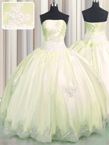 Romantic Ball Gowns Vestidos de Quinceanera Light Yellow Strapless Taffeta Sleeveless Floor Length Lace Up