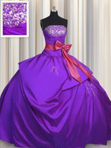 Purple Lace Up Strapless Beading and Bowknot Ball Gown Prom Dress Taffeta Sleeveless