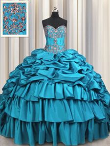 Sweetheart Sleeveless Quinceanera Gown Brush Train Beading and Embroidery and Ruffled Layers and Pick Ups Teal Taffeta