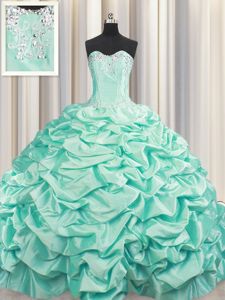 Most Popular Brush Train Taffeta Sleeveless Floor Length Sweet 16 Quinceanera Dress and Beading and Pick Ups