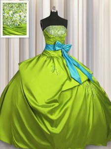 Fashionable Olive Green Ball Gowns Beading and Ruching and Bowknot Sweet 16 Dress Lace Up Taffeta Sleeveless Floor Length