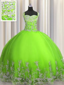 Straps Sleeveless Tulle Quince Ball Gowns Beading and Appliques Lace Up