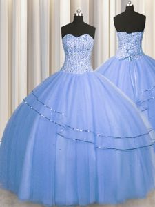 Pretty Visible Boning Big Puffy Tulle Sweetheart Sleeveless Lace Up Beading 15th Birthday Dress in Blue