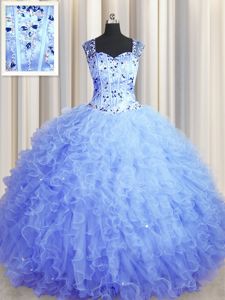 Trendy See Through Zipper Up Ball Gowns Quinceanera Gown Light Blue Square Tulle Sleeveless Floor Length Zipper