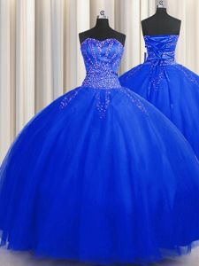 Puffy Skirt Royal Blue Sweetheart Lace Up Beading Dama Dress for Quinceanera Sleeveless