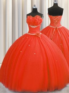 Extravagant Handcrafted Flower Coral Red Sleeveless Beading and Sequins and Hand Made Flower Floor Length Quince Ball Gowns