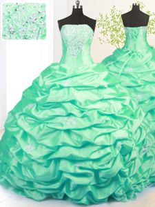 Smart Turquoise Side Zipper Strapless Beading and Pick Ups Sweet 16 Dresses Taffeta Sleeveless Sweep Train