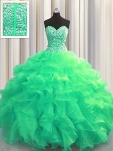 Graceful Visible Boning Turquoise Sleeveless Beading and Ruffles Floor Length Quinceanera Dresses