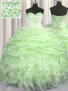 Most Popular Sleeveless Brush Train Beading and Ruffles and Pick Ups Lace Up Sweet 16 Dresses