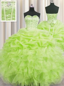 Fine Visible Boning Sweetheart Sleeveless Organza Quinceanera Gown Beading and Ruffles and Pick Ups Lace Up