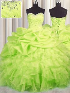 Custom Made Floor Length Lace Up 15th Birthday Dress Yellow Green and In for Military Ball and Sweet 16 and Quinceanera with Beading and Ruffles and Ruching and Pick Ups