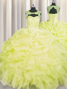 Fine Scoop Sleeveless Floor Length Beading and Pick Ups Lace Up 15 Quinceanera Dress with Yellow