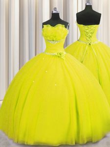 Romantic Handcrafted Flower Yellow Ball Gowns Tulle Strapless Sleeveless Beading and Sequins and Hand Made Flower Floor Length Lace Up Quinceanera Gowns