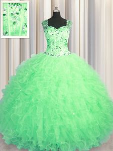 Vintage See Through Zipper Up Tulle Sleeveless Floor Length 15 Quinceanera Dress and Beading and Ruffles