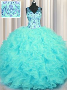 Most Popular V Neck Beading and Appliques and Ruffles 15 Quinceanera Dress Aqua Blue Zipper Sleeveless Floor Length