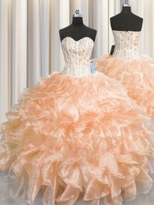 Visible Boning Zipper Up Peach Sweet 16 Quinceanera Dress Military Ball and Sweet 16 and Quinceanera and For with Beading and Ruffles Sweetheart Sleeveless Zipper