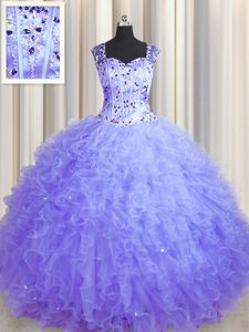 See Through Zipper Up Sleeveless Zipper Floor Length Beading and Ruffles Vestidos de Quinceanera