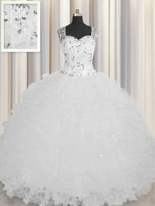 Cheap See Through Zipper Up White Ball Gowns Beading and Ruffles Quinceanera Gown Zipper Tulle Sleeveless Floor Length