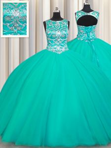 Superior Scoop Sleeveless Tulle Floor Length Lace Up Ball Gown Prom Dress in Turquoise for with Appliques