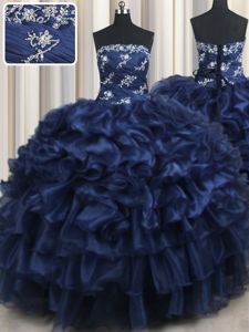 Navy Blue Lace Up Quinceanera Dress Appliques and Ruffles and Pick Ups Sleeveless Floor Length