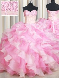 Beading and Ruffles Sweet 16 Dress Pink And White Lace Up Sleeveless Floor Length