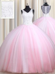 Pink And White Straps Zipper Lace Vestidos de Quinceanera Sleeveless