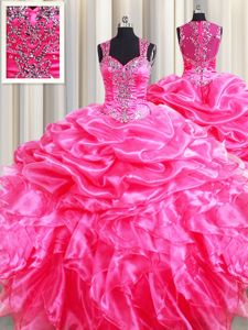 On Sale Straps Straps Sleeveless Floor Length Beading and Ruffles and Pick Ups Zipper 15th Birthday Dress with Hot Pink