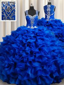 Fabulous Straps Straps Sleeveless Floor Length Beading and Appliques and Ruffles Lace Up Quinceanera Gown with Royal Blue