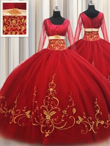 Popular Floor Length Red Quinceanera Gown Square Long Sleeves Zipper