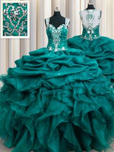 Superior Straps Sleeveless Quinceanera Dresses Floor Length Beading and Ruffles and Pick Ups Teal Organza