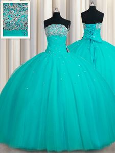 New Style Aqua Blue Lace Up Strapless Beading and Sequins Sweet 16 Quinceanera Dress Tulle Sleeveless