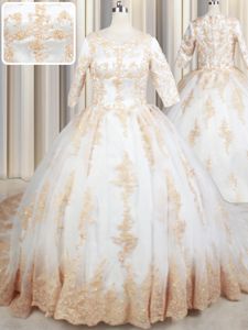 Scoop Half Sleeves Tulle Court Train Zipper 15 Quinceanera Dress in White for with Beading and Lace and Appliques