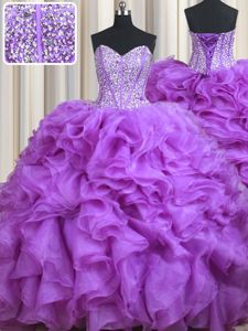 Glorious Lilac Organza Lace Up Sweetheart Sleeveless Ball Gown Prom Dress Sweep Train Beading and Ruffles