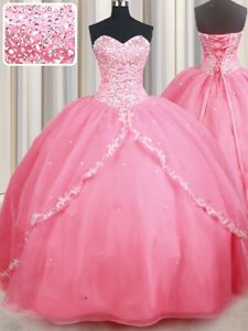 With Train Ball Gowns Sleeveless Watermelon Red Sweet 16 Quinceanera Dress Brush Train Lace Up