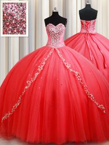 Sleeveless Tulle Floor Length Lace Up 15th Birthday Dress in Coral Red for with Beading and Appliques