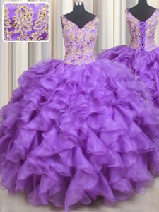 Custom Design Purple Sleeveless Floor Length Beading and Appliques and Ruffles Lace Up 15th Birthday Dress