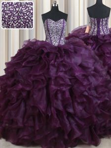 Dark Purple Sleeveless Floor Length Beading and Ruffles Lace Up 15th Birthday Dress