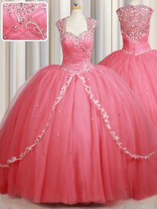 Designer Watermelon Red Sweet 16 Quinceanera Dress Military Ball and Sweet 16 and Quinceanera and For with Beading and Appliques Straps Cap Sleeves Sweep Train Zipper