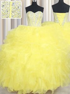 Stunning Yellow Sweetheart Neckline Beading and Ruffles Quinceanera Gown Sleeveless Lace Up