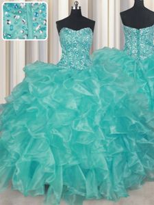 Lovely Turquoise Lace Up Sweetheart Beading and Ruffles 15 Quinceanera Dress Organza Sleeveless