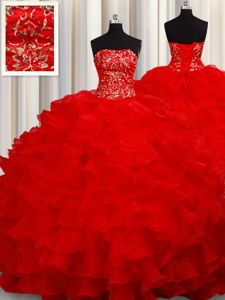 Top Selling Sleeveless Floor Length Beading and Embroidery and Ruffles Lace Up Quince Ball Gowns with Red