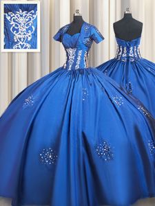 Low Price Blue Ball Gowns Beading and Appliques Quinceanera Dress Lace Up Taffeta Short Sleeves Floor Length