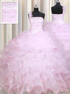 Artistic One Shoulder Sleeveless Organza Floor Length Zipper Quinceanera Dresses in Baby Pink for with Beading and Ruffles