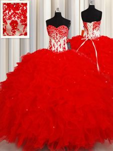 Perfect Sequins Red Sleeveless Organza Lace Up Quinceanera Gowns for Military Ball and Sweet 16 and Quinceanera