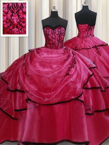 Stunning Red Lace Up Sweetheart Beading and Appliques and Ruffled Layers Sweet 16 Dresses Satin Sleeveless