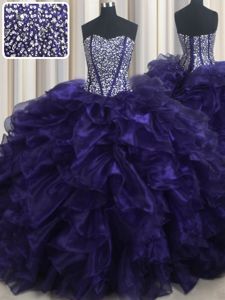 Brush Train Ball Gowns Quinceanera Gowns Purple Sweetheart Organza Sleeveless With Train Lace Up