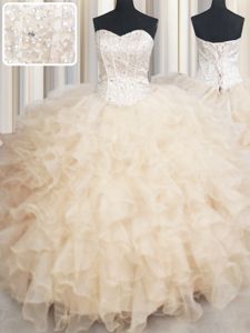 Admirable Champagne Ball Gowns Beading and Ruffles Quinceanera Dresses Lace Up Organza Sleeveless Floor Length