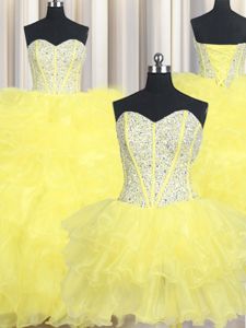 Elegant Three Piece Beading and Ruffles 15th Birthday Dress Yellow Lace Up Sleeveless Floor Length