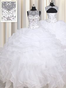 Modern Straps Straps Floor Length Lace Up Vestidos de Quinceanera White and In for Military Ball and Sweet 16 and Quinceanera with Beading and Ruffles