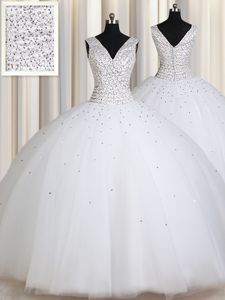 Eye-catching Straps Straps White Sleeveless Beading and Sequins Floor Length Sweet 16 Quinceanera Dress